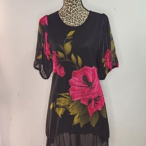 MODEL FRANCE Black Tunic Top with Pink Floral Appliqué